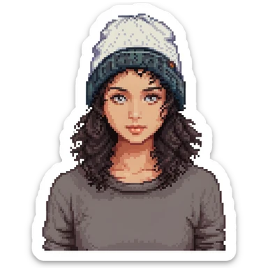 woman with dark curly hair and a beanie sticker