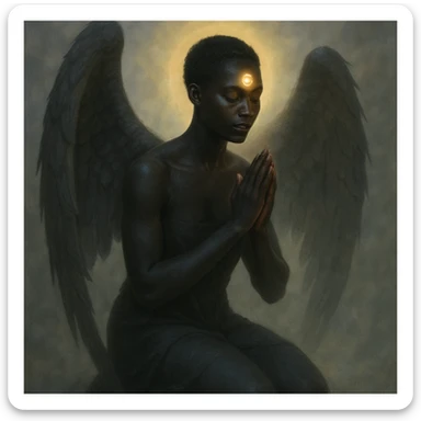 a black angel kneeling in prayer with a glowing third eye on forehead, ethereal atmosphere sticker