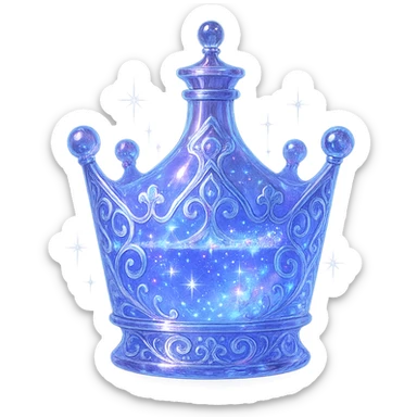 modernus prabangus eliksyro buteliukas, aiškiai karūnos forma, spalva #7986cb, išraiškingi holografiniai ir sidabriniai filigranai, kristalo švytėjimas, žėrintys magiški efektai, šviesos lūžiai, labai mažas kaklelis, ornamentuota, gražiai užapvalinta, vientisa ir uždara apačia, skaidrus fonas, be šešėlio, aiškiai plūduriuoja ore, nestovi, kolekcijos stilius, maksimaliai gražus, siluetas aiškiai karūnos sticker