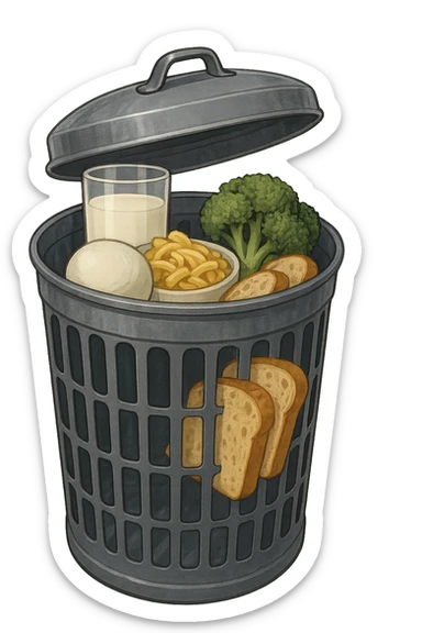 SECCHIO DELLA SPAZZATURA DENTRO CUI CADE UNA MOZZARELLA, UN BICCHIERE DI LATTE, UNA BOWL DI PASTA, QUALCHE BROCCOLO, QUALCHE FETTINA DI PANE sticker