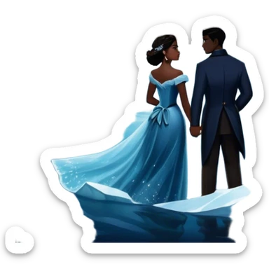 Icon for Titanic Movie: A vintage movie poster-style design featuring a dramatic scene of the ship, the iceberg, and a romantic silhouette of the main couple. Include elements like the ship’s bow, water splashes, and a starry sky in the background. Retro cinematic feel. Transparent background. sticker