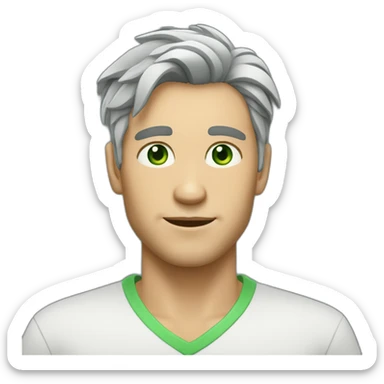 light complexion man with green eyes and gray swooshed up hair sticker