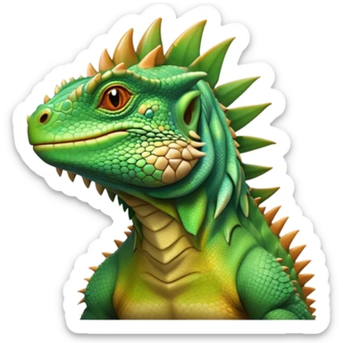 Cinematic Noble Iguana Portrait Emoji, Poised and majestic, with a robust, muscular build and a vibrant, scaly body accented by a prominent spiky crest and keen, observant eyes, Simplified yet sharp and sophisticated features, highly detailed, glowing with a soft, jungle radiance, high shine, intelligent and formidable, stylized with an air of ancient reptilian authority, focused and commanding, soft glowing outline, capturing the essence of a watchful guardian that appears ready to stride out of the screen with effortless might! sticker