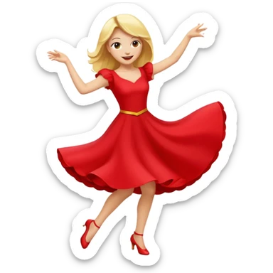 a yellow-blonde woman dancing wearing a red dress, in flat emoji / Apple style, smooth shapes, glossy highlights, bright saturated colors, simple features, minimal details, no outlines, red clothes flowing, joyful pose
 sticker
