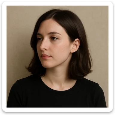 portrait of a white lady with dark brown shoulder length hair, looking to the side, simple background sticker
