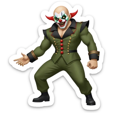 evil clown, bald, short black devil horns on forehead, fangs, pointed ears, black and military green leisure suit, realistically proportioned, bulky and muscular, full body, battle-ready, fighting posture sticker
