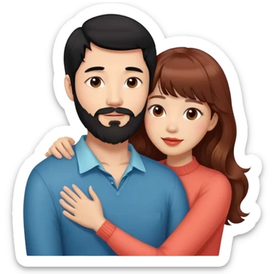 handsome tall asian man with black hair and beard, hugging cute woman with light tan skin and long wavy reddish brown hair with bangs and coral lipstick sticker