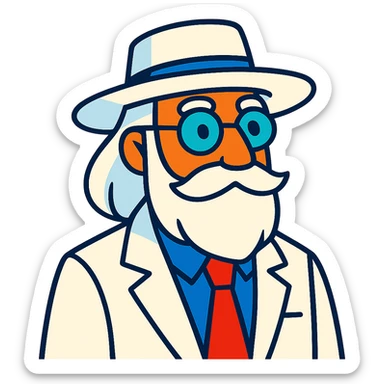 old man with a white hat, long white beard, white moustache, round glasses, white suit, white longish hair, vibrant toon style sticker