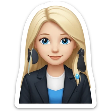 A white girl with long straight blonde hair, blue eyes and a white dress with a black jacket smiling sticker