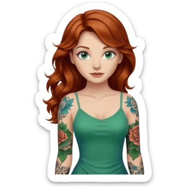 Long wavy Auburn hair woman BLUE eyes wearing green cami  dress and one tattoo sleeve sticker