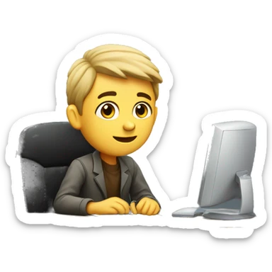 European schoolboy sitting at desk, working at computer sticker