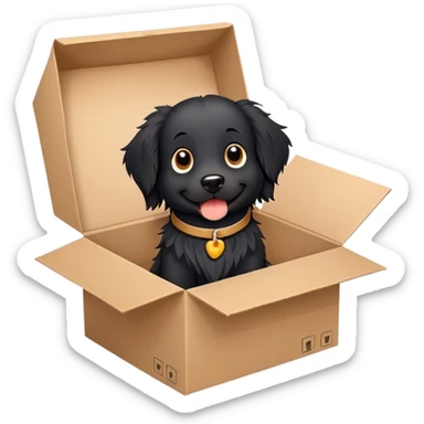  A very cute  young happy long hair black dog with one's head tilted to one side poked its paws out of the cardboard big box and placed them on top of it sticker