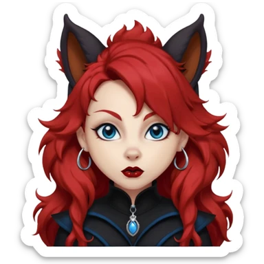  long super curly blood red hair (darker), red pointed squirrel ears with black trim, black goth outfits, body and face human, blue eyes, more pointy chin, black lipstick, one big fluffy red squirrel tail with black tips, close her mouth, less evil looking sticker