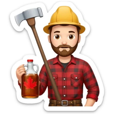 I want a Canadian lumberjack wearing a red and black plaid shirt drinking maple syrup out of the maple syrup bottle and holding a axe in the other sticker
