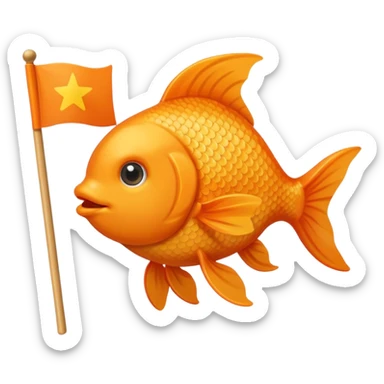 goldfish as a cartoon soldier, holding a tiny flag, iOS emoji style sticker