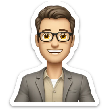 Joyful Celebrating victory Hands up Pale skinned Fit Man With dark brown hair in gray jacket, beige office shirt, Brown pants and vintage glasses sitting In a soft chair sticker