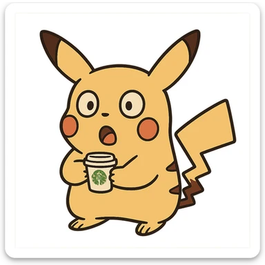 cartoon style Pikachu holding a tiny Starbucks cup, looking surprised sticker