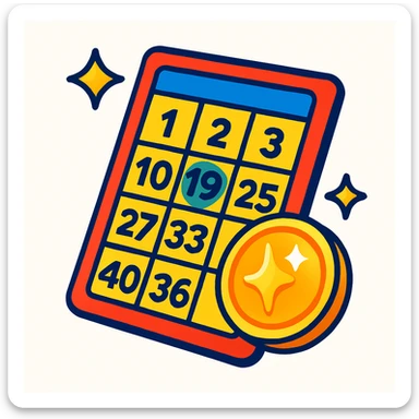 stylized lucky-looking lottery ticket with European feel, number boxes, shiny coin, sparkles, colorful cartoon-like, no text or logos, white background sticker