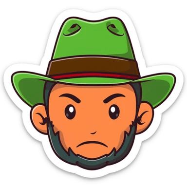 Cowboy wearing a green hat with no star, rugged face with stubble, western style sticker