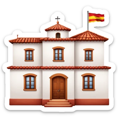 Traditional Spanish hacienda with white walls, terracotta roof, with Spanish flag (red-yellow-red horizontal stripes) hanging prominently from the front sticker