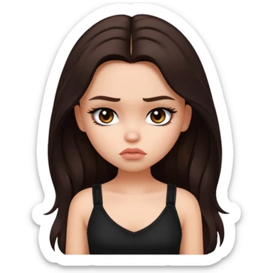 generate a pretty fair bratz girl with long dark brown hair looking sad. Wearing a black cami sticker