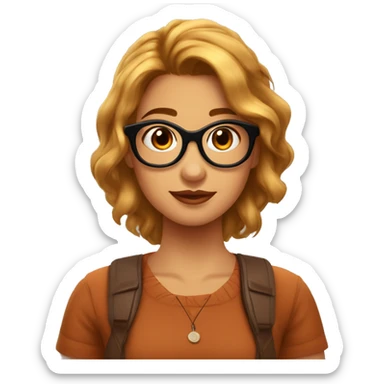 imagen de chica de 19 años estilo pixar: pelo ondulado marron y largo, ojos grandes color marron miel con gafas, aros pequeños plateados sticker