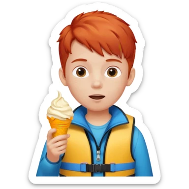 boy kid red haired wearing life jacket, eating ice cream sticker
