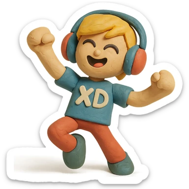 PK XD character, wearing headphones, energetic pose, claymation style sticker