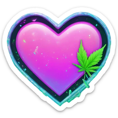 Sparkling 420 leaf hemp leaf inside a holographic neon graffiti pixel heart cigarette sticker