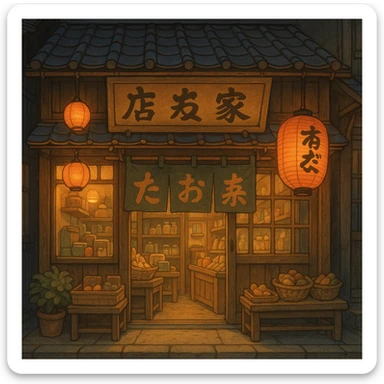 Cozy anime storefront with traditional Asian elements, warm lighting, hanging lanterns, shop sign in Japanese style, Studio Ghibli style sticker