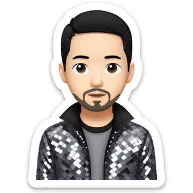 Mike Shinoda with jet black hair, gray sequin outfit sticker