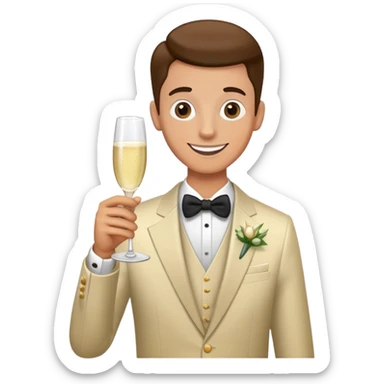 Wedding crasher character in fancy clothes trying to blend in at a wedding reception, holding champagne glass, goofy smile sticker