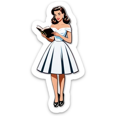 Beautiful woman in 1950’s woman fashion look, off-shoulder white dress, long dark brown hair, reading  sticker