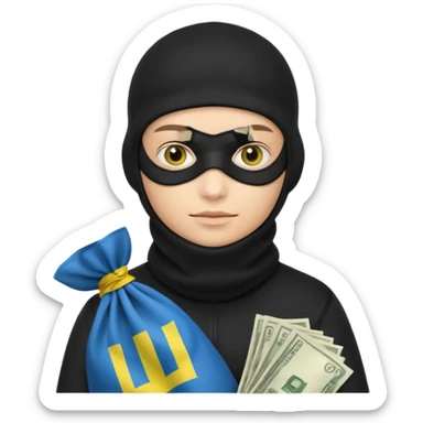 создай украинца в черное одежде и черной балаклаве с большим мешком денег на котором есть флаг страны в руках sticker