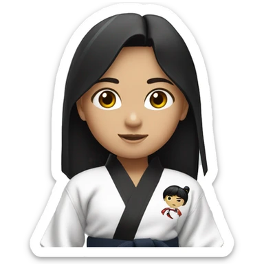 girl with black hair wearing a taekwondo dobok with white belt sticker