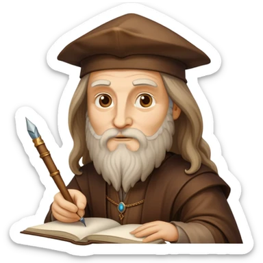 cinematic-realistic-leonardo-da-vinci-portrait-emoji,-depicted-as-the-quintessential-renaissance-polymath-with-deep,-thoughtful-eyes,-a-flowing-beard,-and-a-quill-or-sketchbook-in-hand.-the-scene-is-illuminated-with-warm,-classical-light sticker