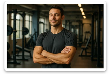 uomo sicuro di sè a braccia conserte, ben allenato e sereno, sullo sfondo una palestra sticker