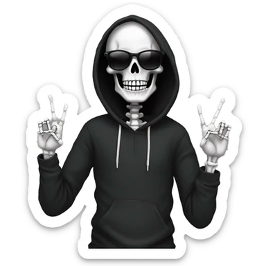 skeleton with sunglasses in black hoodie holding up the peace sign sticker