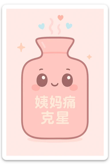 kawaii-style pink hot water bottle with '姨妈痛克星' written on it, steam and hearts rising from the top, exuding warmth and love, symbolizing special care during period days sticker