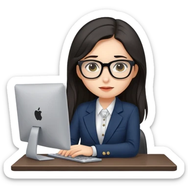 shy long dark hair girl with glasses on computer in a blazer and skirt sticker