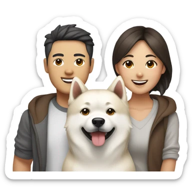Happy Asian couple with White Japanese Akita and brown Multipoo sticker