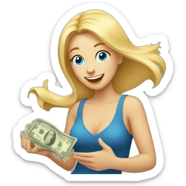 blonde girl with blue eyes rejoices and dances while holding money in her hands sticker