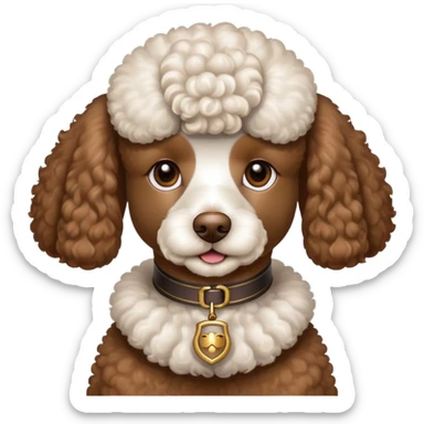 Brown and white poodle with gunner collar sticker