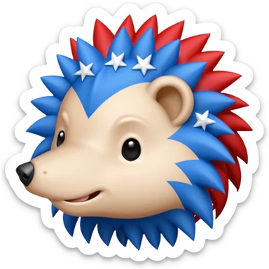 Red and blue Porcupine facing right. Bottom layer red: covers feet, round face, 2 spikes. blue upper layer 6 spikes, 3 white 5 pointed stars in the middle of the blue. sticker