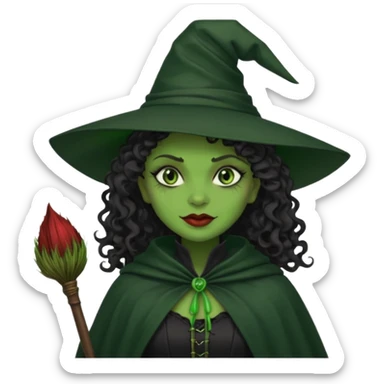 elphaba wicked witch with broom close up, evil dark curly hair, green skin, thick lips, cheekbones, smirk evil menacing cythia erivo dark aesthetic black hat cloak  sticker