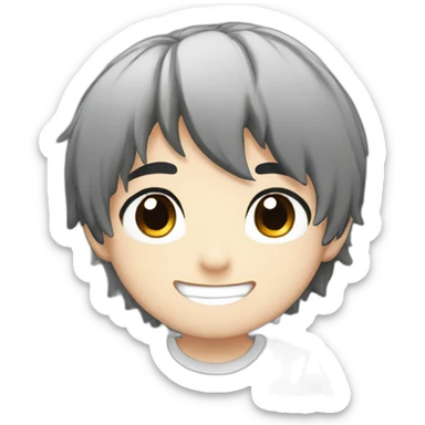 anime boy cartoon smiling with black hair, black and white t shirt, and black eyes sticker