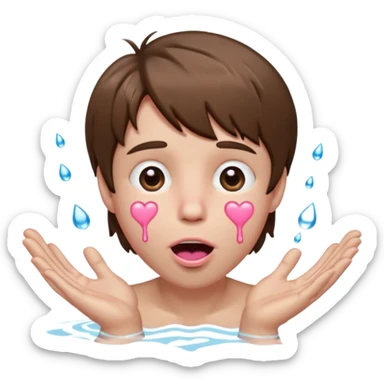 Pale Boy with shaggy brown hair, pink heart shaped eyes looking up , mouth open , water drop dripping from lips, hands on face  sticker