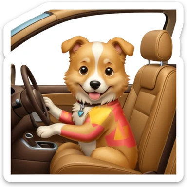a dog sitting on a car while driving it sticker