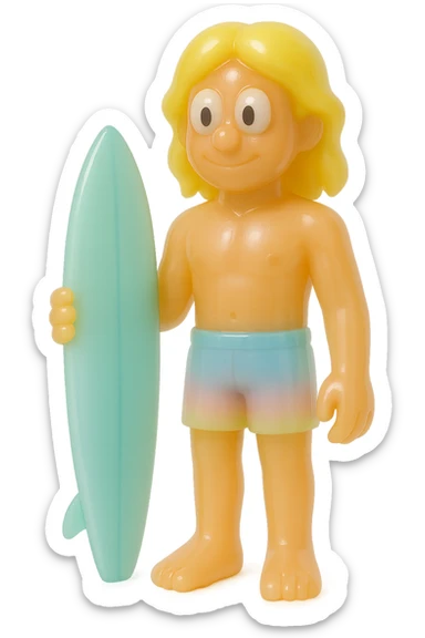 full-body surfer bro, retro 90's toy style, very transparent and slightly see-through, natural tan skin, blonde hair, colorful shorts, large white eyeballs with small black pupils, soft plastic texture, soft reflections, soft and squishy, some cloudiness, not shiny, highly detailed, appealing, no tag, no background sticker