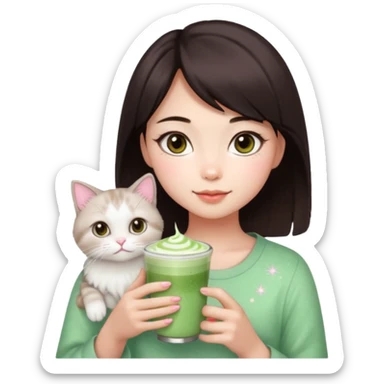 asian girl with short dark brown hair and dark brown eyes with a soft girl pink glowup aesthetic, matcha latte, 2 ragdoll cats, and sparkles sticker